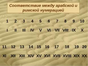 Соответствие между арабской и римской нумерацией 1 2 3 4 5 6 7 8 9 10 I II II Соответствие между арабской и римской нумерацией 1 2 3 4 5 6 7 8 9 10 I II II